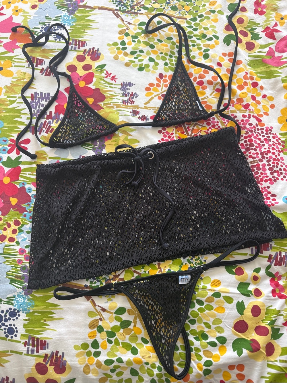 Malibu Strings Black Mesh Micro Bikini + Skirt 3 Piece Set 🖤